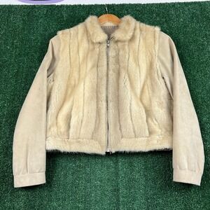 Vintage Women's Fur Suede Bomber Jacket Beige M Real Mink Trim Lined Cream 60s